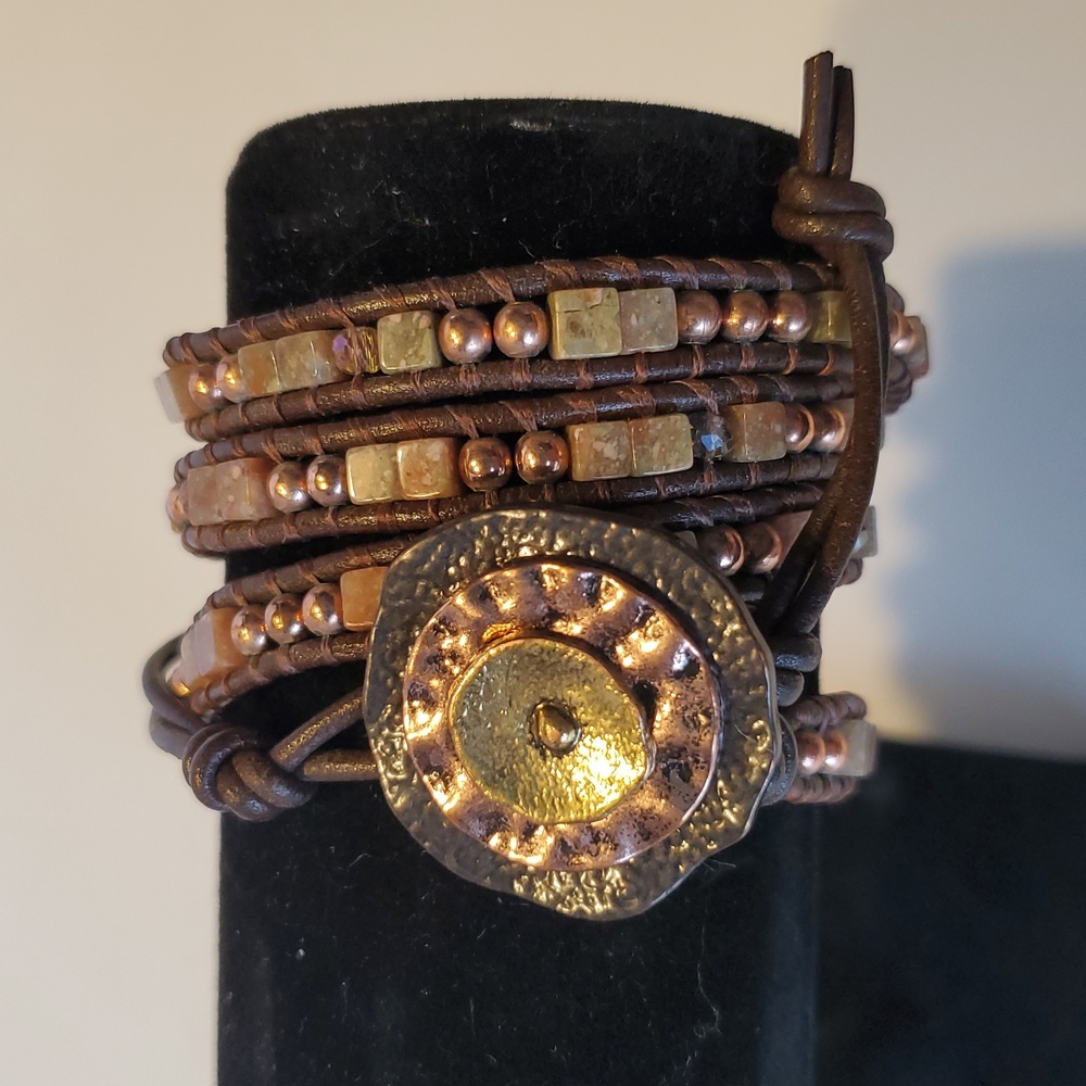 Vintage Multi-wrap Leather Bracelet With Rock Copper And Crystal Beads